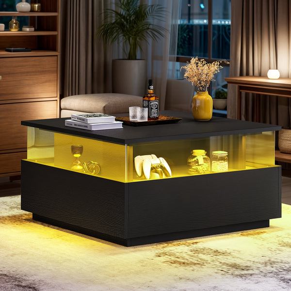 Coffee Tables For Living Room With Storage, Square Coffee Table With 2 Sliding Drawers And LED Light, Acrylic Wood Center Table