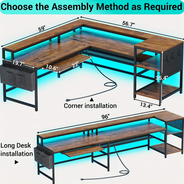 59"×56.7" L Shaped Desk with LED Lights and Charging Station, 96" Reversible Long Computer Desk with Monitor Stand and Storage Bag, Gaming Desk with Open Shelves and Keyboard Tray, Rustic Brown