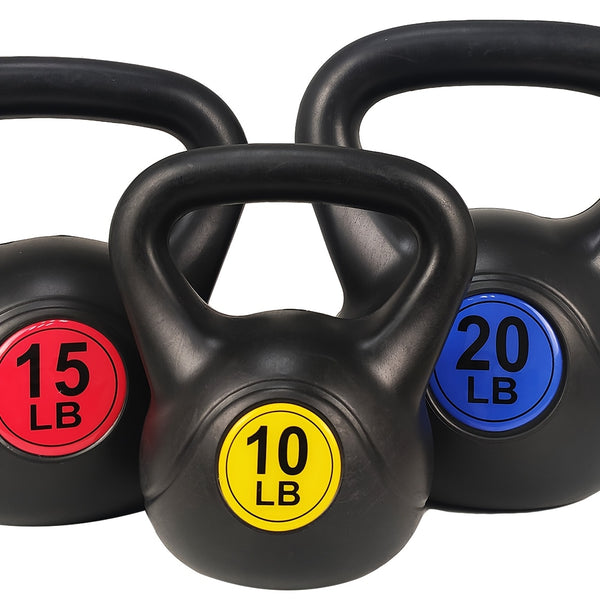 Wide Grip Kettlebell Workout Fitness Weight Set, 3pcs: 10 Lb, 15 Lb And 20 Lb Kettlebells