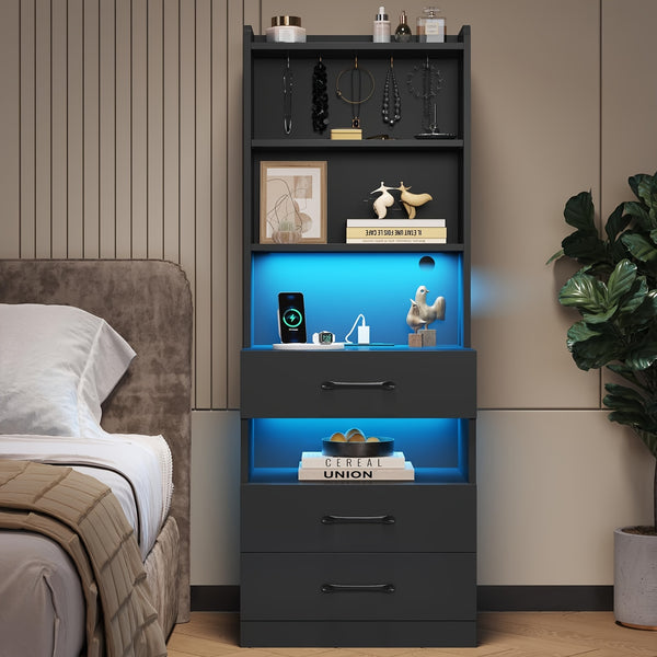 3-Drawer Modern LED Bedside Table - Large Nightstand with Charging Station, Bookshelf, Storage Shelves, 3 Colors, and End Side Table for Bedrooms and Dorms