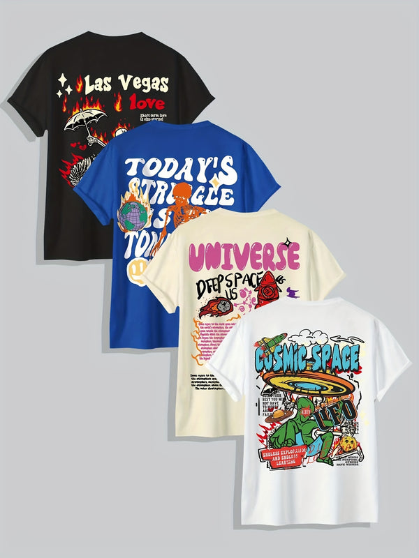 Men's Casual 4pcs T-Shirt Set with Geometric Print - Crew Neck, Short Sleeve, Polyester Blend, Machine Washable - Perfect for Summer