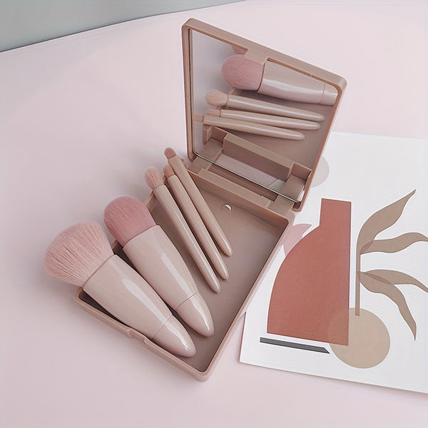 A Set of Five Mini Travel Makeup Brush Sets with Mirrors, Small and Easy To Carry, Suitable for Foundation Make-up, Eye Shadow and Lips, Professional Makeup Tools