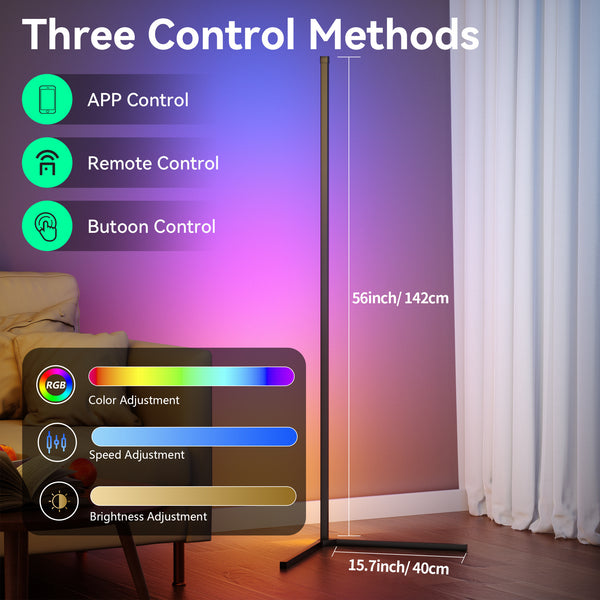 LED 1/2 Pack Corner Floor Lights -16Million DIY Color Changing, RGB Smart Modern Lights Adjustable 56 Inches About 142cm With Remote Control And APP Control, USB Power Supply, Four Modes With Music, Game Room, Christmas And Halloween Decoration