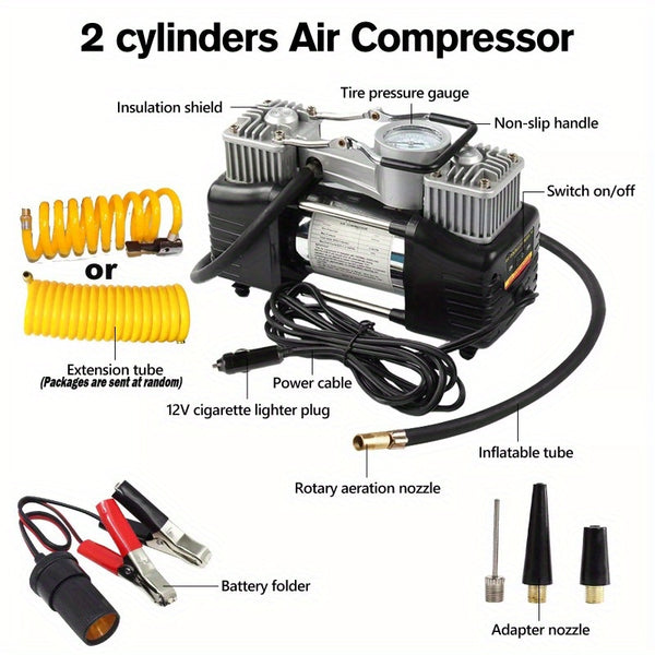 Dual Cylinder Portable Air Compressor Tire Inflator 12V Metal Car Air Pump 150PSI with Precision Gauge, High-Efficiency Inflation, Car Plug Power Supply for Vehicles, Sports Equipment, and Inflatables
