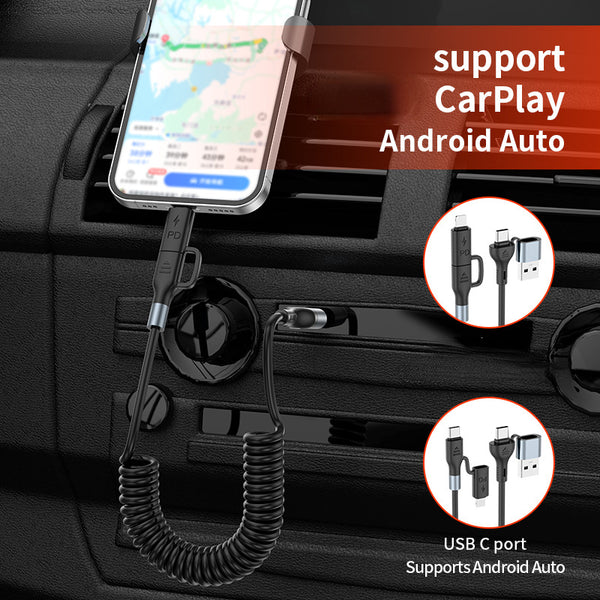 4in1 Multifunctional Fast Charging USB Cable, For 4-in-1 Data Cable with Spring Wire, PU Wire + Aluminum Alloy Material, 1.5 Meters After Stretching, for Type-C 60W, Universal for Phones, notebooks (supporting Data Transmission of In-car Carplay)