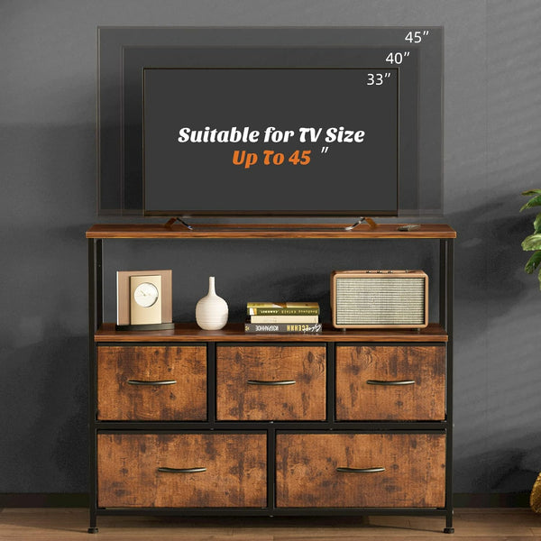 5 Drawer Cabinet Tower, 2 Modes, TV Stand for Bedroom, TV Dresser for 45 inches, Media Console Table, Entertainment Center with 5 Fabric Drawers Cabinet and Open Storage Shelf Furniture Cabinet for Living Room, Hallway
