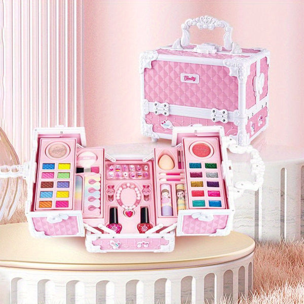1pc Makeup Kit - Pink Unicorn Theme, Washable Plastic Cosmetic Set with Lipstick & Accessories, Ideal for Pretend Play/ Gift for Girls, Includes Cosmetic Box