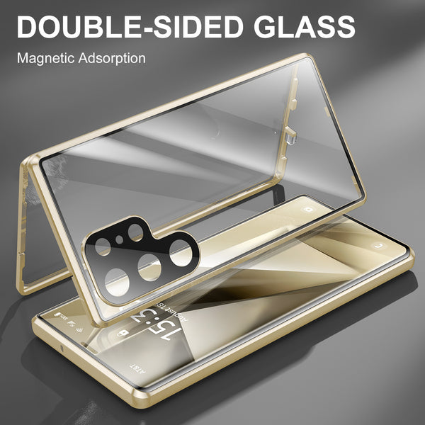 Magnetic Adsorption Case For Samsung Galaxy S24 Ultra S24 Plus, 360 Degrees Double Sides Transparent Tempered Glass Proteciton Case Metal Bumper Frame Flip Cover For Samsung Galaxy S24U S24+