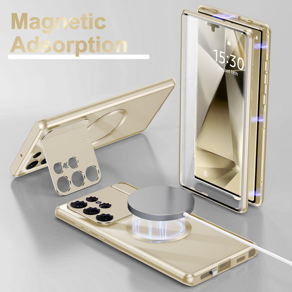 Case for Samsung Galaxy S24 Ultra 360 Degree Protection Magnetic Absorption Metal Bumper [Compatible with MagSafe] Front Glass and Back PC Cover with Camera Invisible Stand for Samsung Galaxy S24U