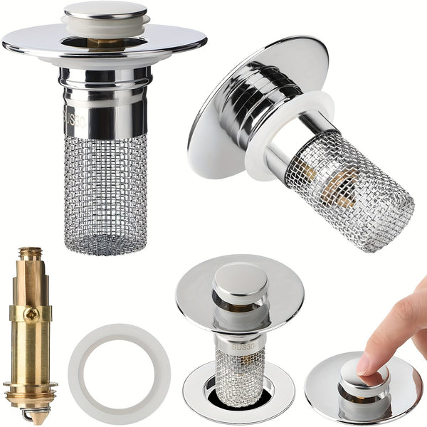 2pcs Stainless Steel 2-Pack Pop-Up Bathroom Sink Stopper with Drain Filter and Hair Catcher, Fits 1.1-1.29 Inch Drains