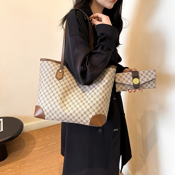 Classic Retro Designer-Inspired Tote And Wallet Set For Women, Large Capacity, Fashionable And Elegant Commuter Bags