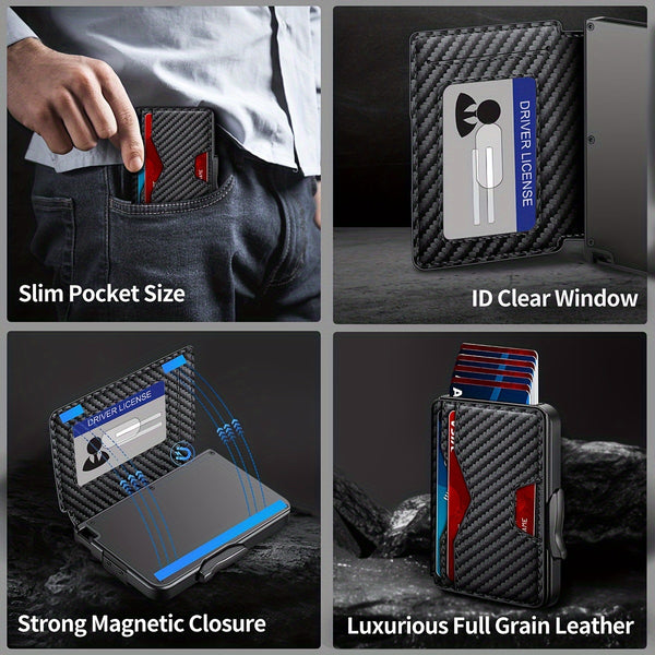 1pc, LASVAULT Men's Wallet with Card Holder, Slim Aluminum PU Leather RFID Blocking Bifold Wallet, Business Style, Non-Washable, Solid Color, Black, Card Slots, Finger Hole Design, Sturdy Hanging Hole