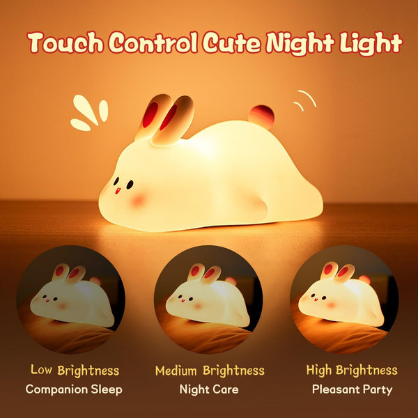 Bonita luz LED de noche con sensor táctil, luz de noche de dibujos animados para niños, luz de noche de silicona con cara grande de conejo, regalo de Navidad, lámpara de noche, decoración del hogar