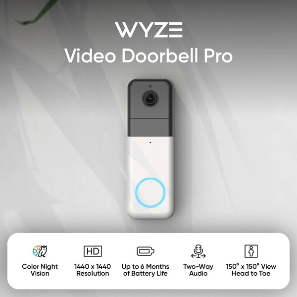 Wyze Wireless Video Doorbell Pro (Chime Included) 1440 HD Video, 1:1 Aspect Ratio: 1:1 Head-to-Toe View, 2-Way Audio, Night Vision - Refurbished