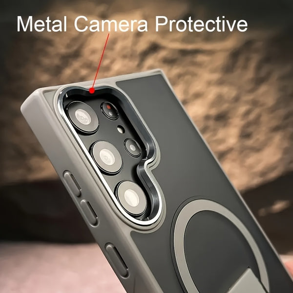 Luxury with Bracket Matte Magnetic Wireless Charging Box for Samsung S23 S24 S25 Ultra Plus Shockproof Soft Bumper Metal Camera Protective Case