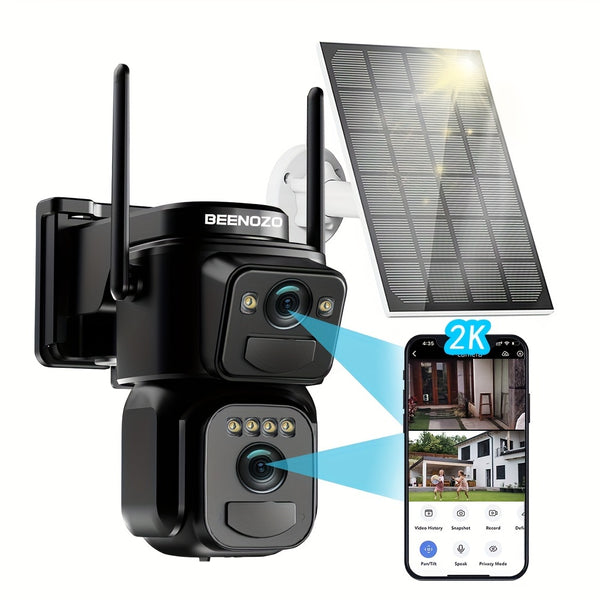 BEENOCAM [10x Zoom] 360-degree Low-power CCTV Solar Panel Battery 2K FHD WiFi Camera With Spotlight Alarm, Motion Detection, Color Night Vision, Two-way Audio, One Device =Two Cameras (Solar Bullet Camera+Solar PTZ Camera)