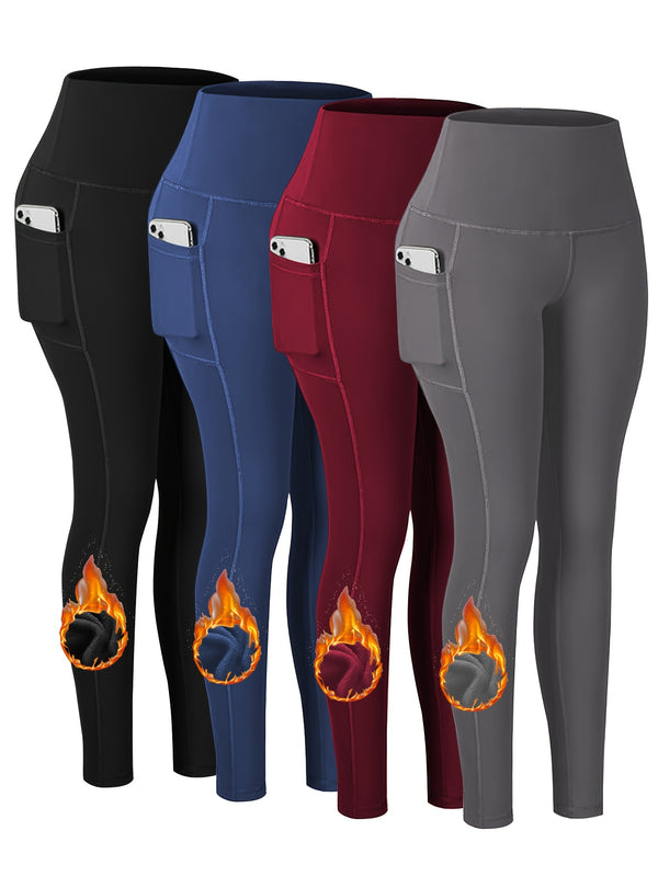 Plus Size 4pcs Set Sports Leggings, Thickened Yoga Pants With Fleece For Running, High Elasticity Long Pants Tights.Butt Lift High Waisted Tummy Control Slimming Yoga Pants WithPockets, Workout Running