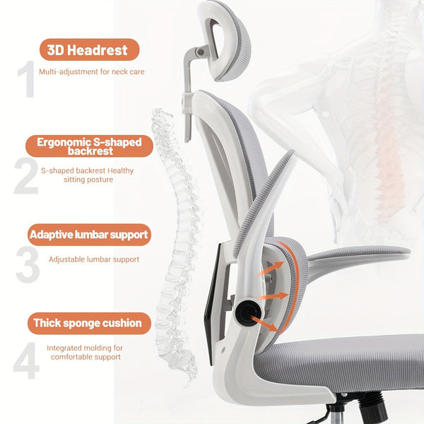 Adjustable High Back Mesh XUEGW Ergonomic Office Chair Comfort Home Desk Chair With Lumbar Support, Flip-up Arms For Work, Study, Gaming