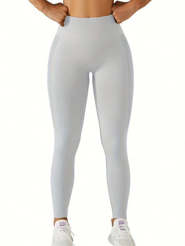 High Waist Seamless Solid Color Yoga Leggings, Women's Stretchy Fitness Training Sports Pants With Wide Waistband