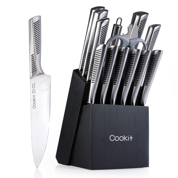 Juego de cuchillos de cocina, juego de cuchillos de 15 piezas con bloque, cuchillos de chef con mango hueco de acero inoxidable alemán antideslizante, juego de cubiertos con tijeras multifuncionales y afilador de cuchillos Plataforma de Amazon prohibida