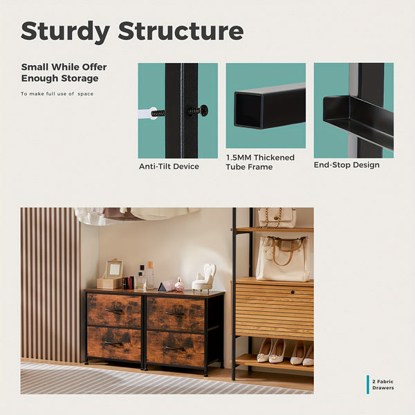 2pcs Rustic Wooden Nightstands with Fabric Bins, Easy Pull Arch Handles, 2-Drawer Bedside Tables for Bedroom, Dorm, Entryway - Uncharged, Durable & Waterproof