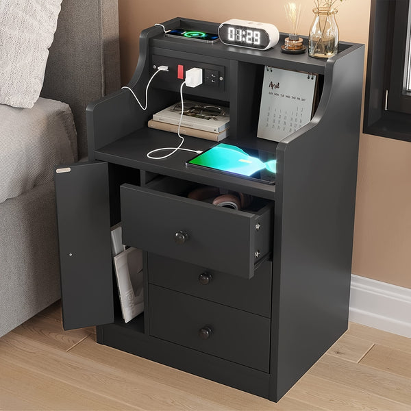 Nightstand with 3 Storage Drawers and Hutch, Nightstand with Charging Station, End Side Table with 1 Door, Modern Bedside Table for Bedroom, Black/White