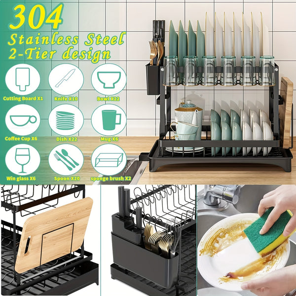 1 Black Large Capacity Two-Layer Space Saving Tableware Water Filter with Multiple Compartments, Easy Drainage System, Detachable Storage Box, Tableware Rack, and Stainless Steel Shelf for Drying