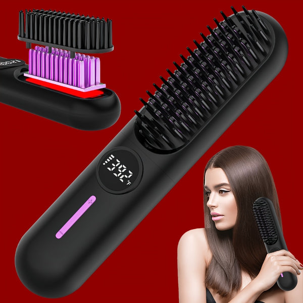 Cordless Straightening Brush, 2-Temperature Modes, 7-Level Control, Rapid Heating, Negative Ion Hair Care, Anti-Scald, Thermostatic, Auto Power-Off, USB Rechargeable, 2600mAh Lithium Battery, Portable For Travel, Suitable For Dry Hair - Black/White