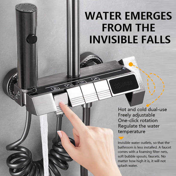 Super Panel Shower Head, 11.8 Inches. 4 Functions. Atmosphere Light Digital Display, Space Aluminum, PVC Explosion-proof Ultra-long Hose, All-Brass Body (internal Sink Pressurization, Hydropower), Water-saving Luxury Experience, Christmas Gift