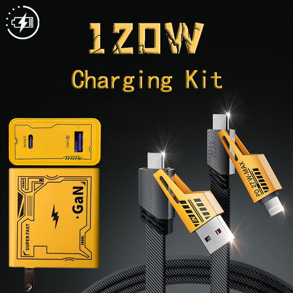 120W 4-in-1 Fast Charging Kit with Dual USB-A & USB-C Ports, Multi-Functional Convertible Cable for iPhone (11/12/13/14/15 Pro Max), for iPad Pro, for SamSung for Galaxy, Laptops, Tablets - Perfect Travel Gift