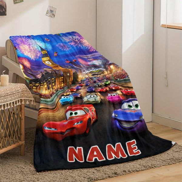 1pc Customizable Anime Car Theme Flannel Throw Blanket - Contemporary Style, All-Season, 200-250gsm, Digital Print, Polyester Knit, Lightweight, for Sofa, Office, Bedroom, Bed, Travel, Camping, Unique Gift Idea