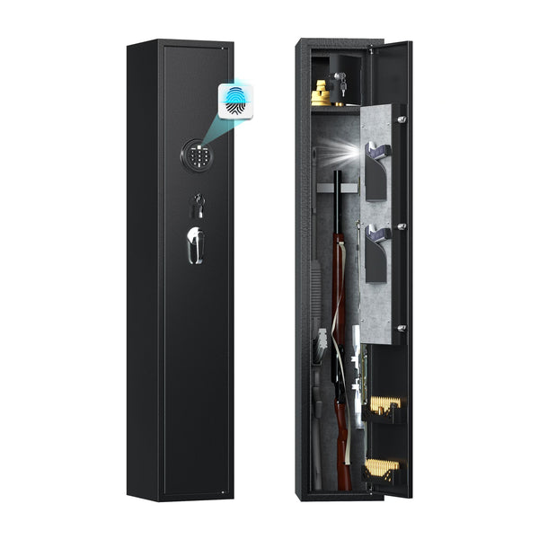 Caja fuerte para rifles y pistolas con luz LED y sistema de alarma, caja fuerte para rifles con huella dactilar biométrica, acceso rápido para 1-3 rifles y 2 pistolas, gabinete para armas largas con estante extraíble, gabinete pequeño incorporado
