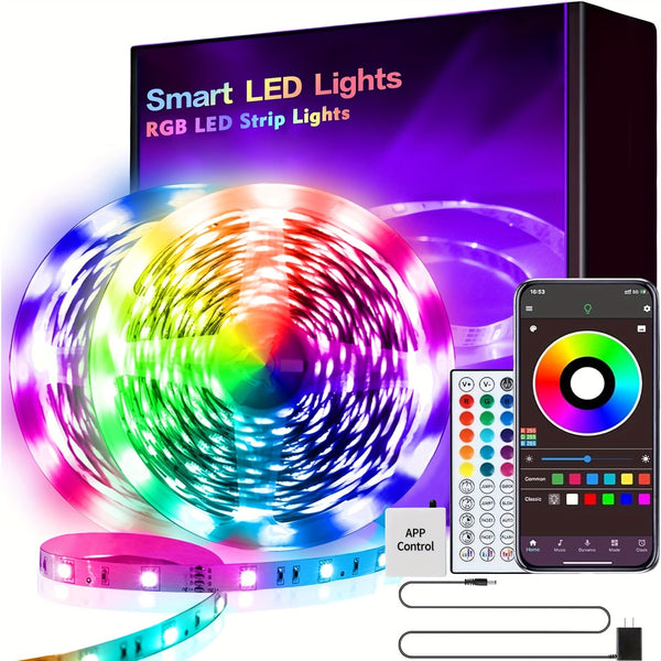 16.4FT/50FT/100FT (2 Rolls Of 50ft) LED Strip Lights For Bedroom, Smart LED Strip Lights With 44 Key Remote And APP Control, RGB Color Changing Music Sync LED Rope Lights, Smart Rope Lights For Bedroom, Living Room Home Christmas Party Wedding Decoration