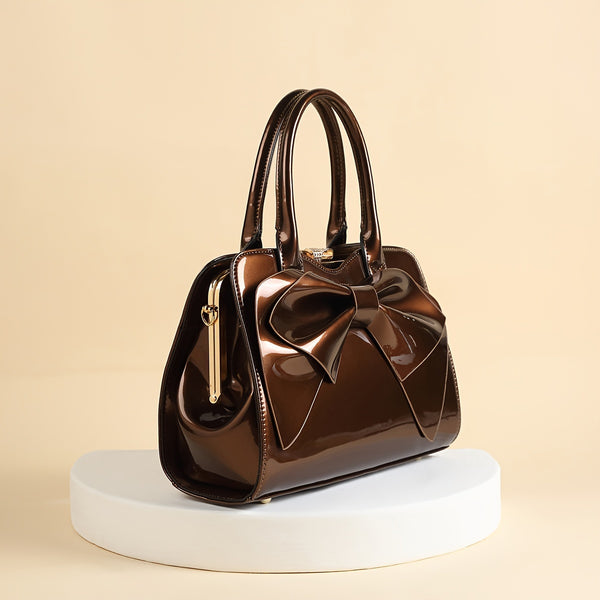 Elegant Women's Handbag with Large Butterfly Bow - Chic Patent Faux Leather Purse, Waterproof, Detachable Strap for Parties & Banquets - Available in Black, Leopard Print, Burgundy, Red, Bronze,