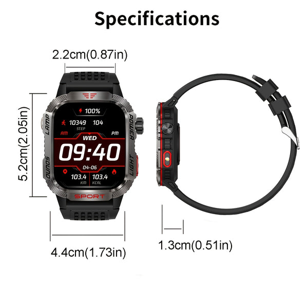 Rugged Outdoor Smartwatch (Receive/Make Calls) for Iphone And Android Wireless Calling Smartwatch with LED Flashlight, Fitness, IP68 Waterproof/Sleep 600 Battery