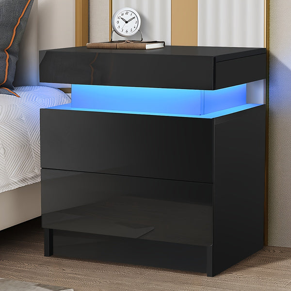 2-Drawer Bedside Table - Nightstands with LED Lights, Wooden Cabinet Unit, Black Finish, for Bedroom and Living Room