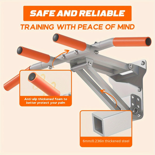 Space-Saving Foldable Wall Mount Pull-Up Bar Parallel Bar Station, Height Adjustable Multi-Grip Pull-Up Bar With A Maximum Weight Of 440 Lbs, Heavy Duty Steel Upper Body Fitness Workout Bar For Indoor Home Gym