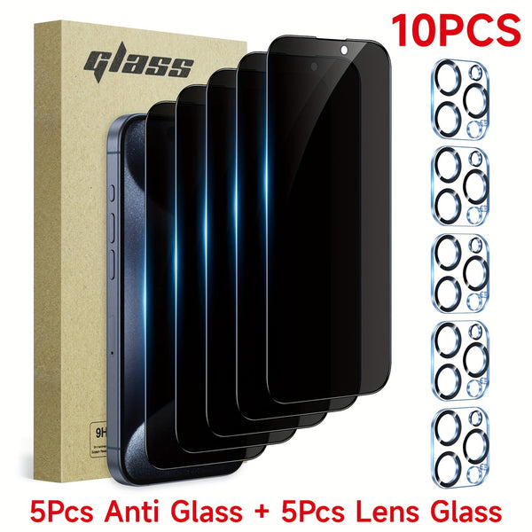 [10PCS][5+5 Pack]For IPhone 11/12/13/14/15/16Pro Max, Plus Models, Privacy Screen Protector With Camera Lens Protector Full Coverage Anti-Spy Tempered Glass Film 9H Hardness Upgrade Edge Protection Easy Installation Bubble Free