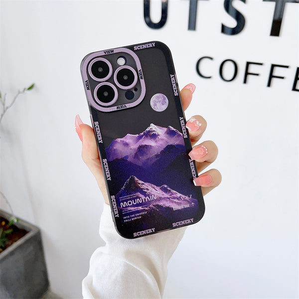 Nueva funda para teléfono Apple 14 en color morado oscuro con paisaje de montaña