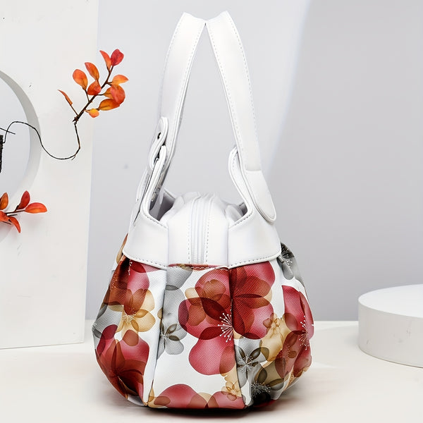 2023 Fashion Floral Print Women's Tote Bag, Large Capacity Soft Faux Leather with Polyester Lining, Zip Closure - Available in White, Red, Black
