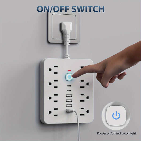 14-in-1 Power Strip with Surge Protection and One-Touch Control Switch - 4 Spacious AC Outlets with 6 USB Ports (including 2 Type-C) - Wall-Mountable Extension Cord for Office,