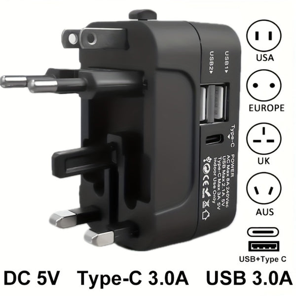 2USB And 1Type-C, Universal Travel Adapter Plus+ With 3-Port High-Speed Travel Adapter Worldwide, Compatible With US, AU, UK, EU Plugs, Compact And Safe, Quick-Charge Wall Charger For Global Use In 350+ Countries