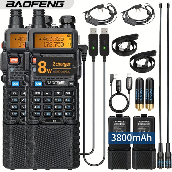 2Pack BAOFENG High Power Ham Radio - 8W Max Power, Long Range, Dual Band VHF UHF, 3800mAh Rechargeable, Handheld Two Way Radio with High Gain Long Antenna, Programming Cable, Speaker Mic, Earpiece, and Full Kit
