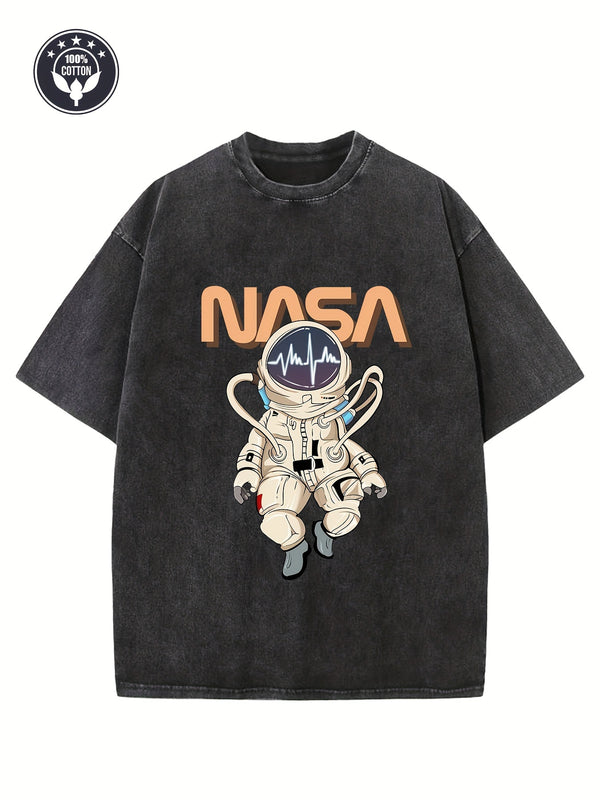 230g Pure Cotton NASA Astronaut Print Oversized Drop Shoulder T-Shirt - Men's Retro Streetwear Basic Tee with Acid Wash Effect - Loose Fit Unisex Top for Hip-Hop Fans