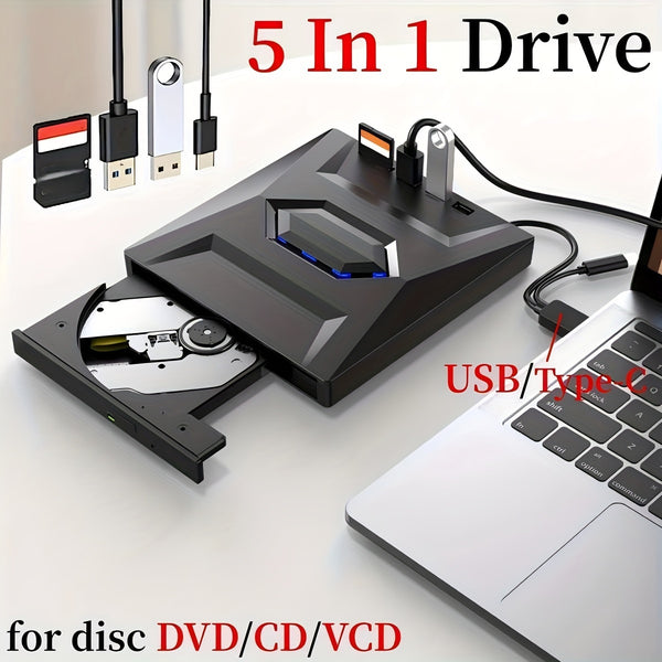 3.0 USB & Type-C External CD DVD Drive Plus - High-Speed Data Transfer, SD/TF Card Slots, USB 3.0 Ports, Optical DVD RW CD Drive Burner Reader, VCD Player for Laptop PC - Plug and Play, Compact Design