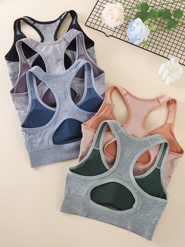 5pcs Women's High Support Sports Bras with Removable Pads - Breathable, Moisture-Wicking Yoga & Fitness Tops with Elegant Cutout Back Design