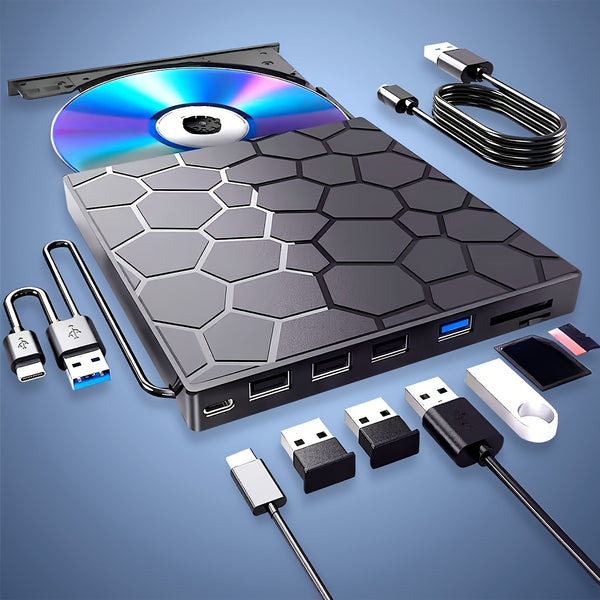 8-in-1 Portable External DVD Drive - High-speed CD/DVD+/-RW Burner, With USB 3.0/2.0, USB-C, SD Card Reader, Ultra-fast Data Transfer, Slim Design, Suitable For Laptops, Desktops PC, Windows, Mac, Linux - Small, Lightweight And Easy To Carry