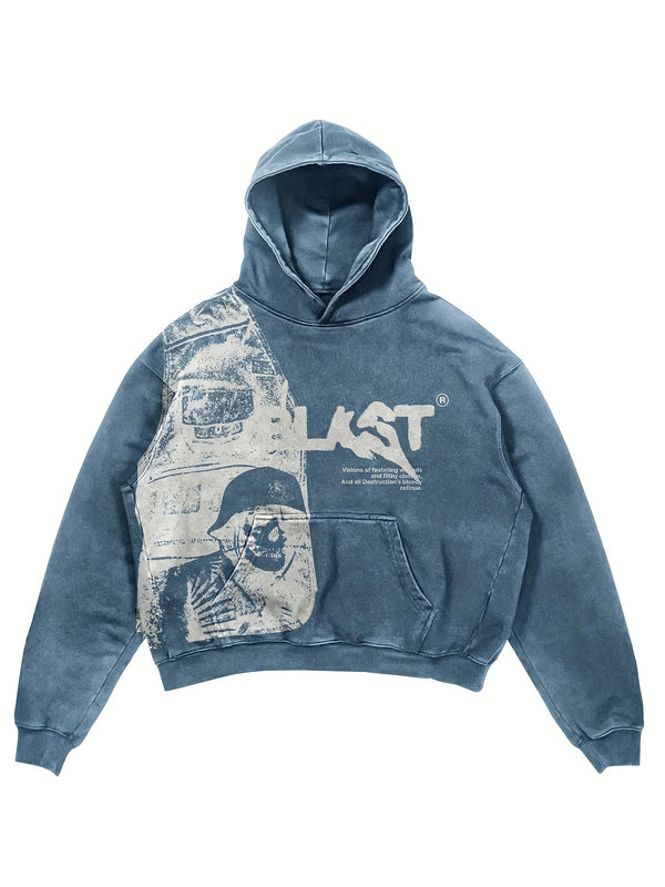1pc, "BLAST" Graphic Hoodie - Casual Denim-Style Pullover with Skull & Floral Print, Front Pocket, Machine Washable - Perfect for Sports, Street Dance, Cycling & Skateboarding, Cycling Hoodie|Bold Graphic Print|Distressed Denim Look, Plus Size Hoodies