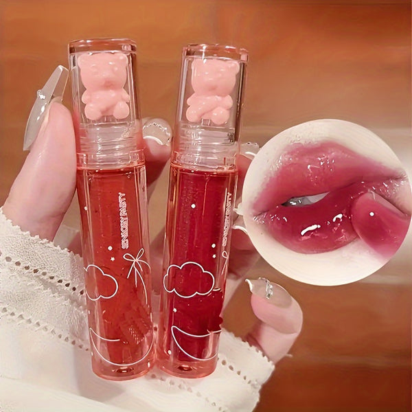 3Pcs Set of Durable Waterproof Strawberry Bear Cherry Lip Gloss, Mirror Luster, Jelly Lip with Sparkling Dew, Full Lip Color, Cute Bear, Transparent Film-forming, Stain-resistant, A Good Gift for Women Valentine's Day Gifts for Halloween