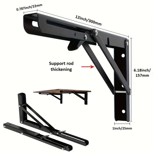 2-piece black/steel folding shelf bracket, heavy-duty floating triangular shelf bracket, foldable shelf bracket, desktop wall mounted L-shaped table hinge bracket with screws